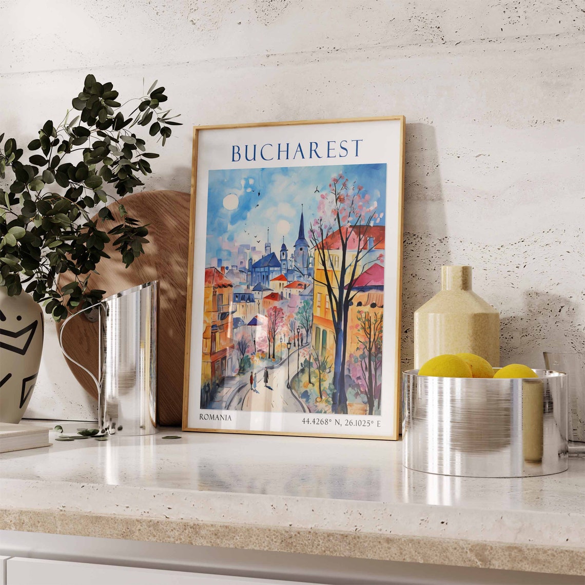 Bucharest Romania Travel Poster Old Street Sunny Watercolor Scene - Image 3