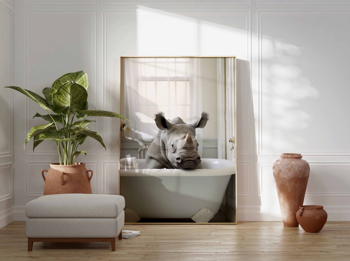 Rhinoceros Relaxing In A Bright Vintage White Clawfoot Tub Poster - Image 3