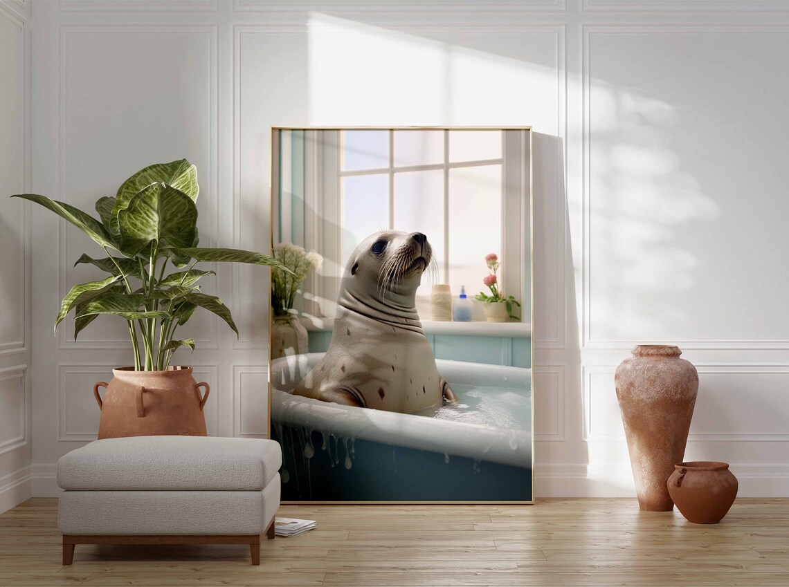 Sea Lion Enjoying a Relaxing Bath in a Tub Funny Bathroom Poster - Image 3