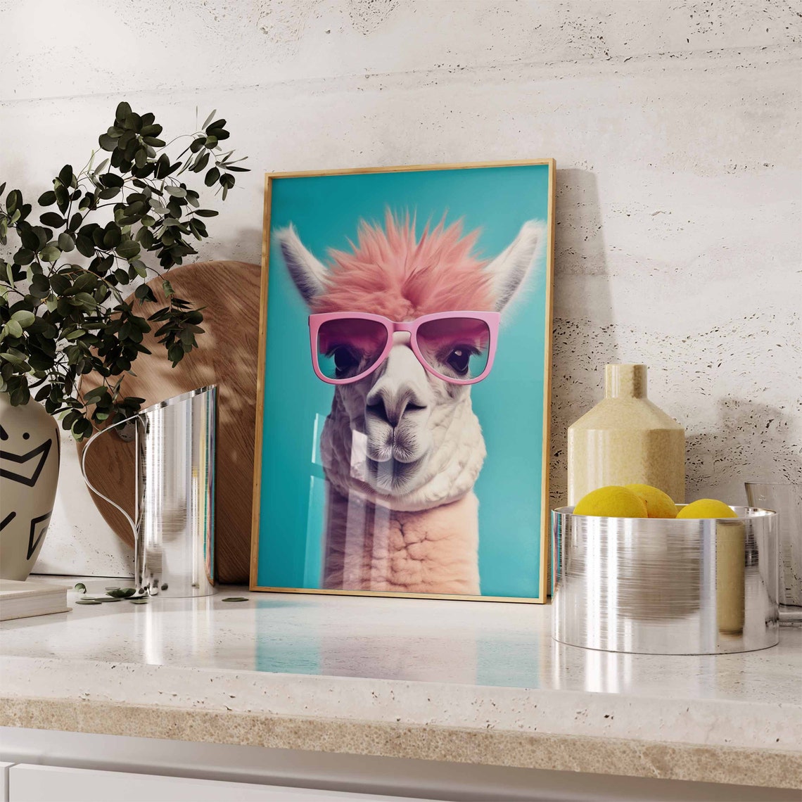 Fluffy Llama Wearing Pink Sunglasses on a Teal Background Poster - Image 2