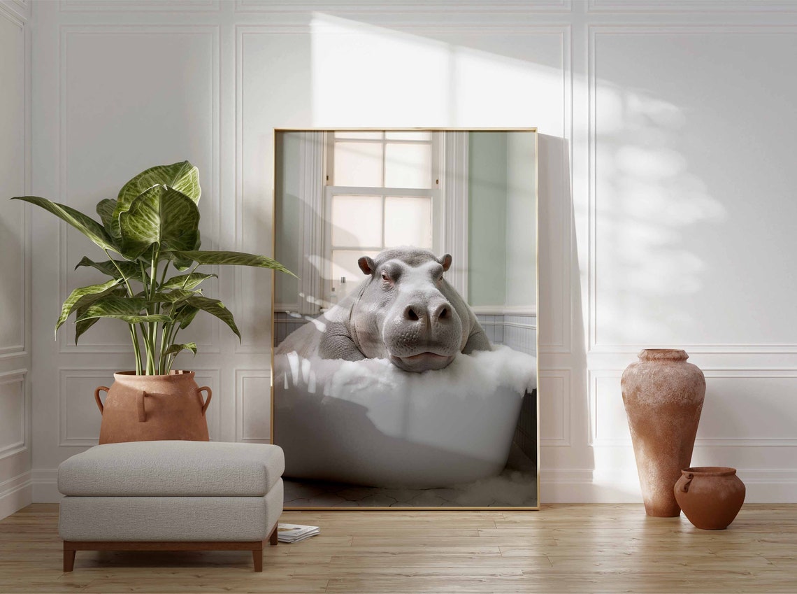 Sleepy Hippo Resting Its Chin On Thick White Bath Bubbles Poster - Image 3