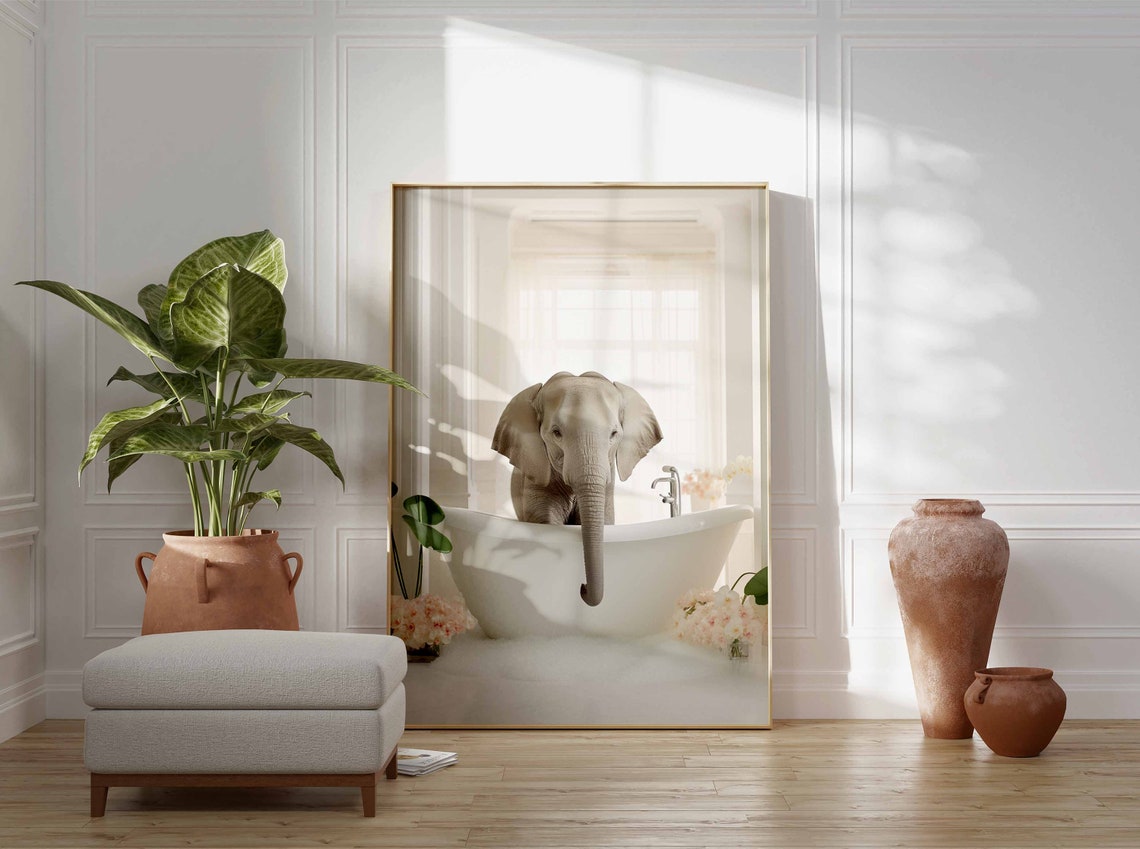 Elephant Resting Its Trunk Over A Flowered White Bathtub Poster - Image 3
