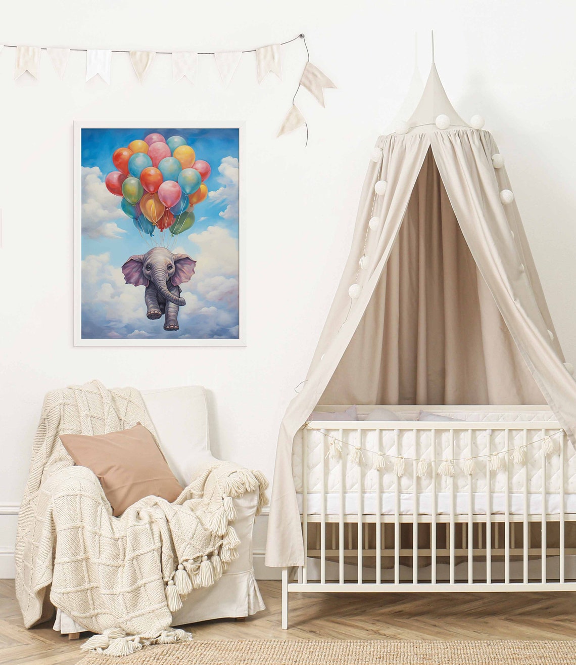 Sweet Baby Elephant Flying with Colorful Balloons Nursery Poster - Image 2