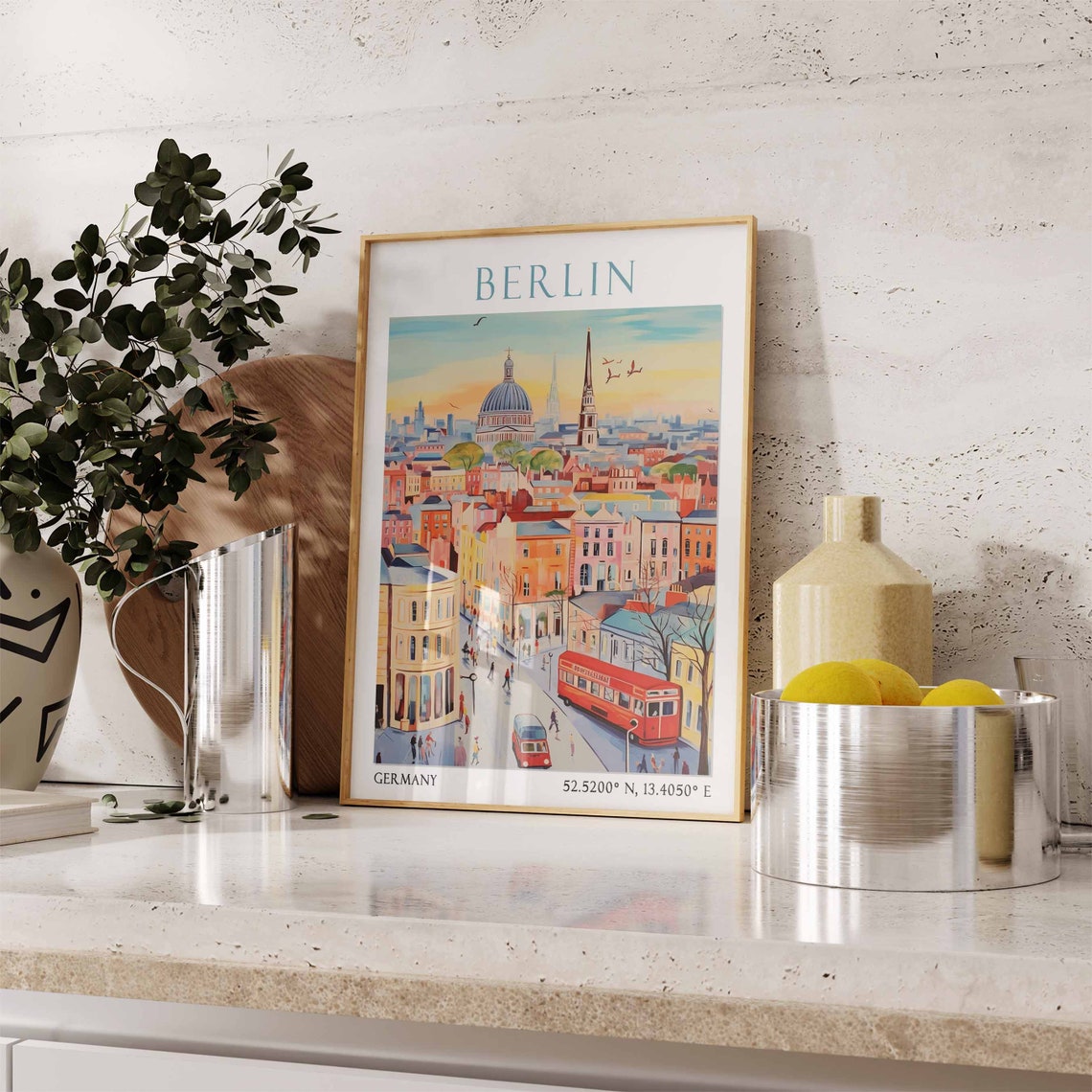 Berlin Skyline at Sunset with Cathedral Dome and Red Bus Poster - Image 3