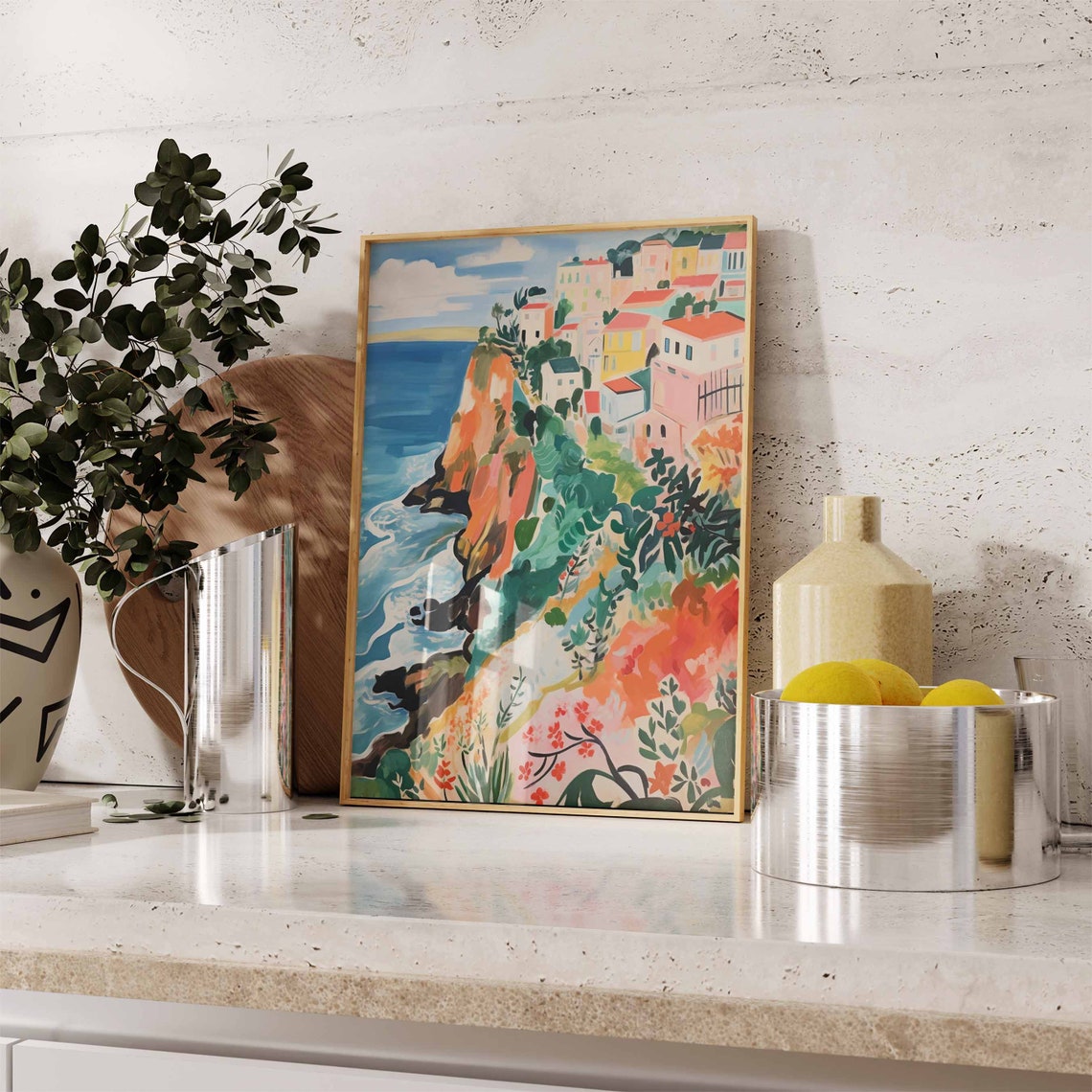 Colorful Cliffside Village Overlooking a Bright Blue Sea Poster - Image 2