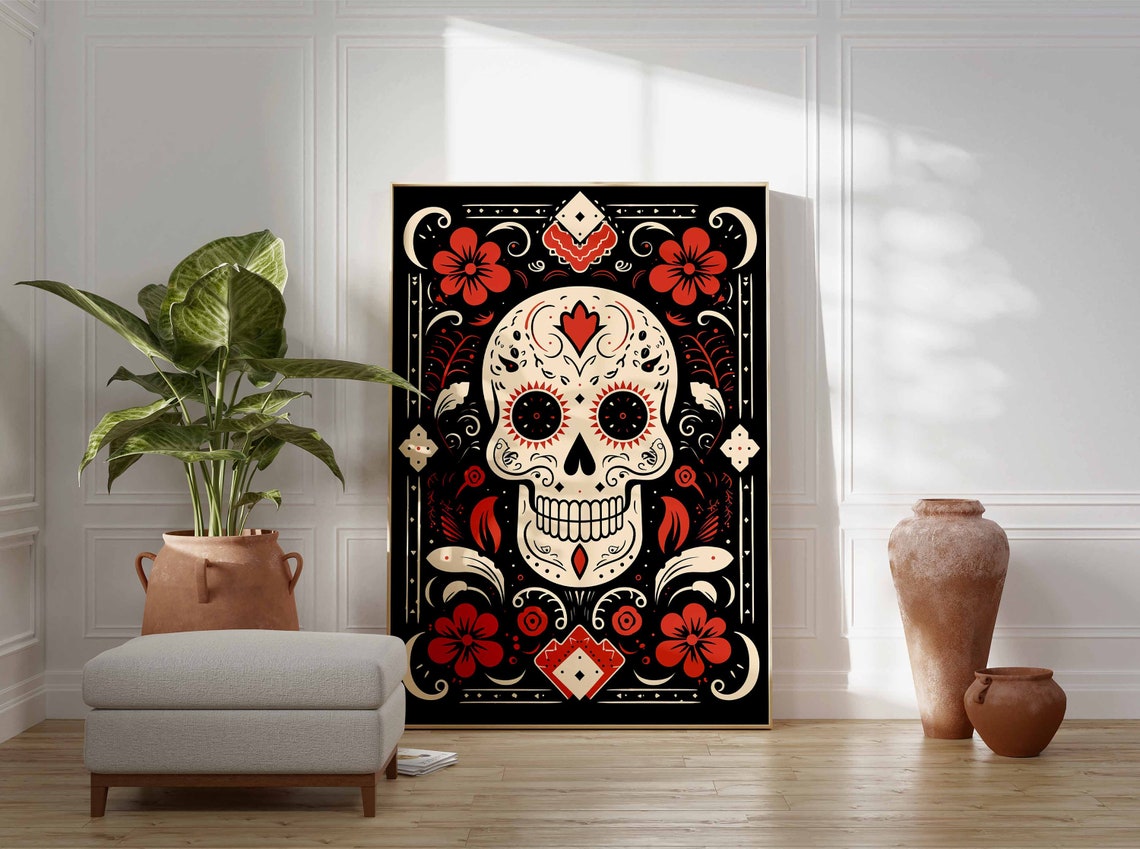 White Sugar Skull Black Background Red Flowers Folk Wall Art - Image 3