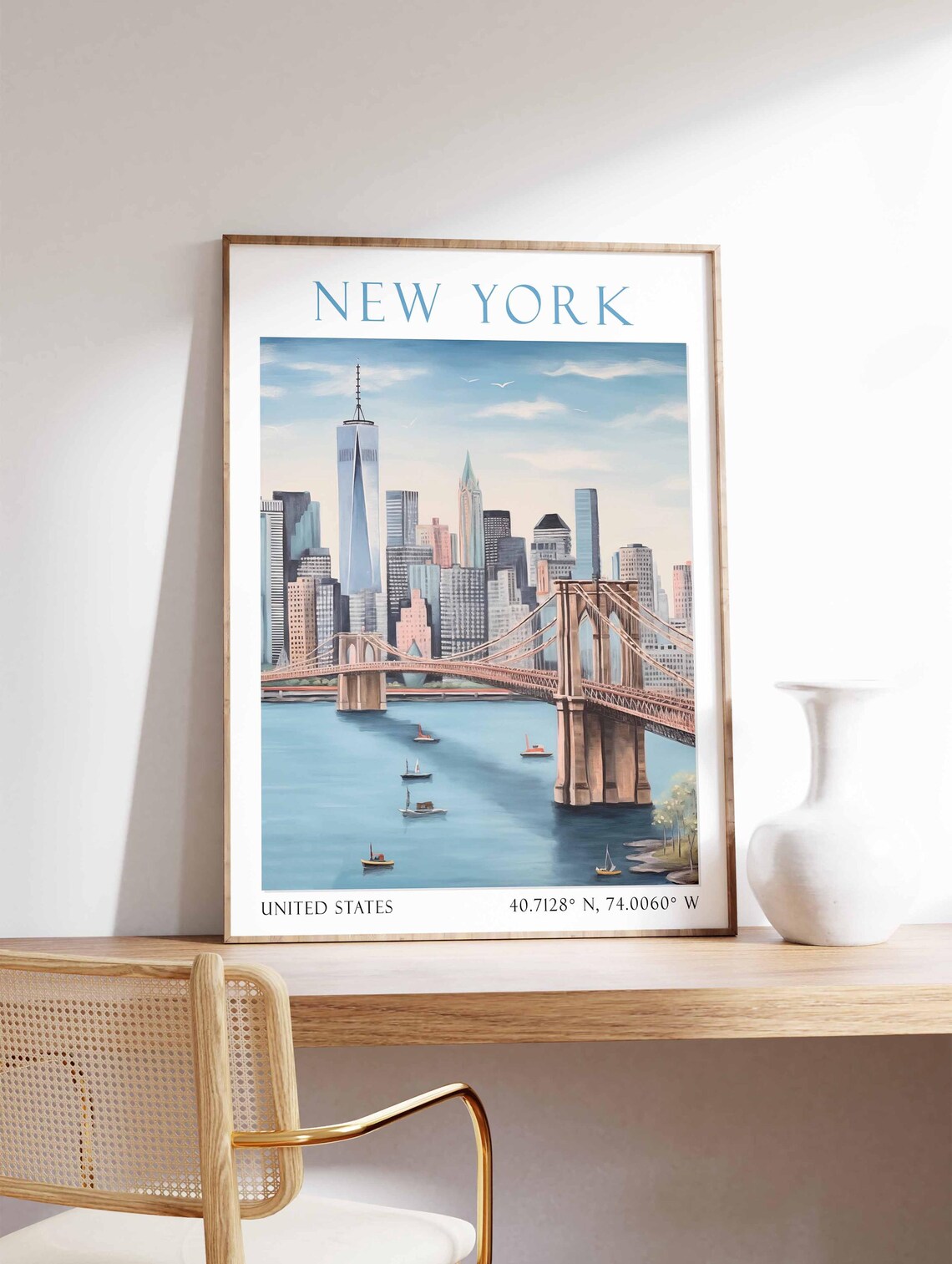 New York Brooklyn Bridge Manhattan Skyline Watercolor Travel Poster - Image 3