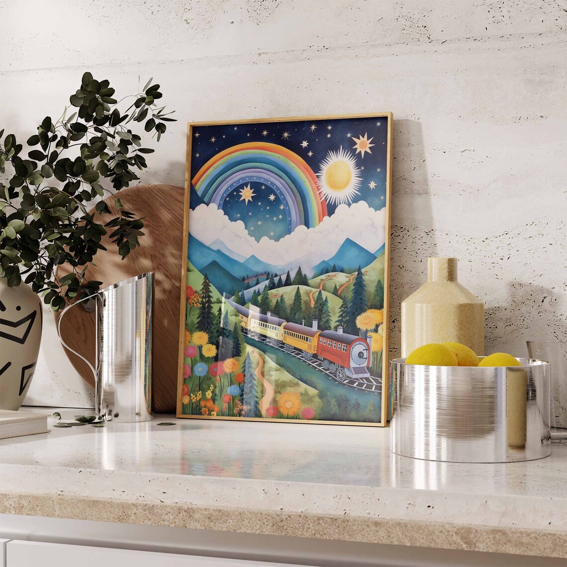 Colorful Steam Train Rainbow Starry Night Wildflowers Poster - Image 2