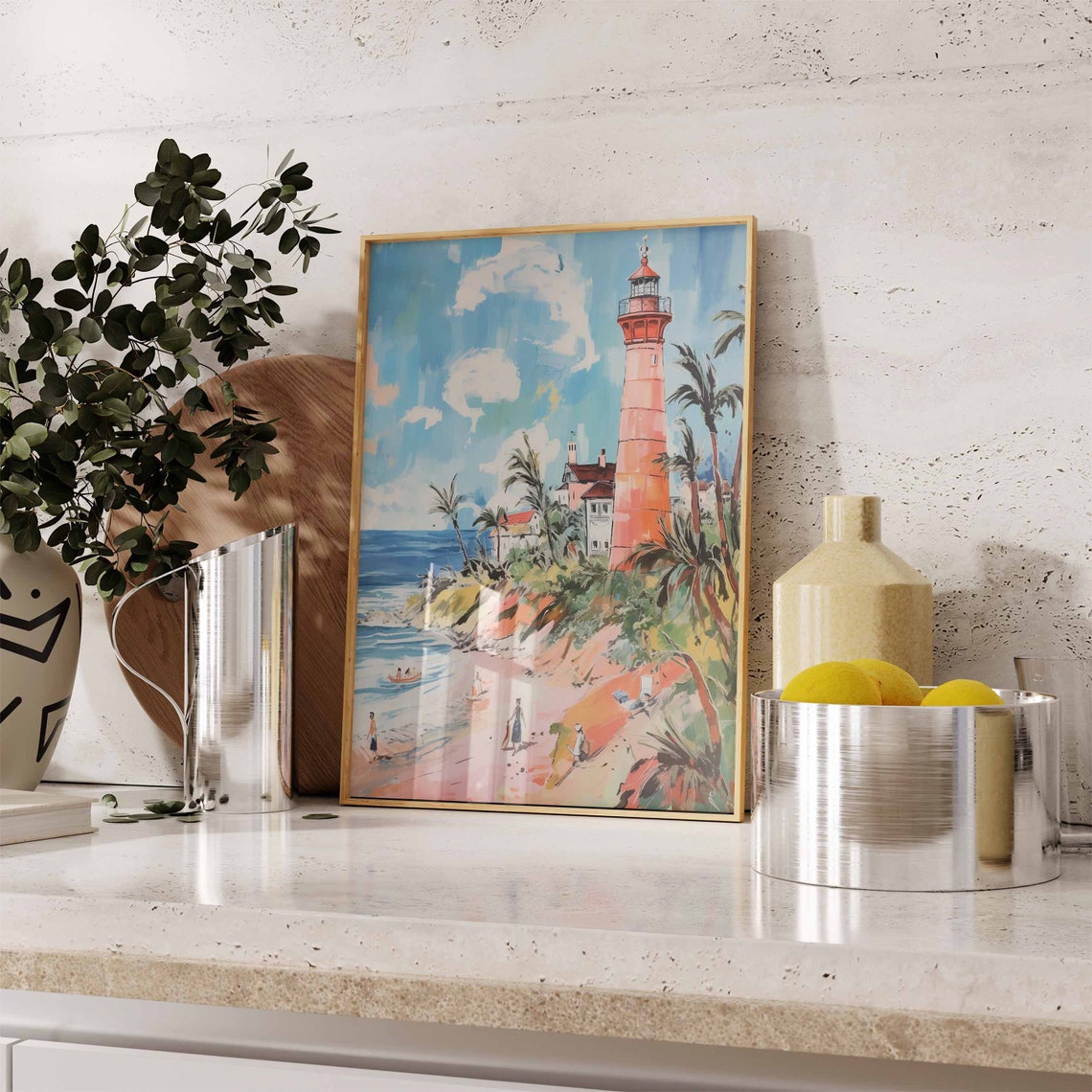 Orange Lighthouse on a Palm Covered Cliff Above the Beach Poster - Image 2