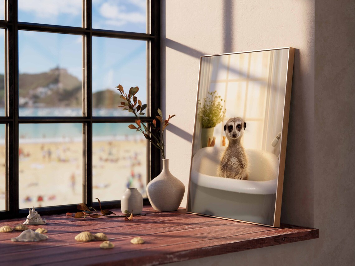 Curious Baby Meerkat Sitting Upright In A White Bathtub Poster - Image 2