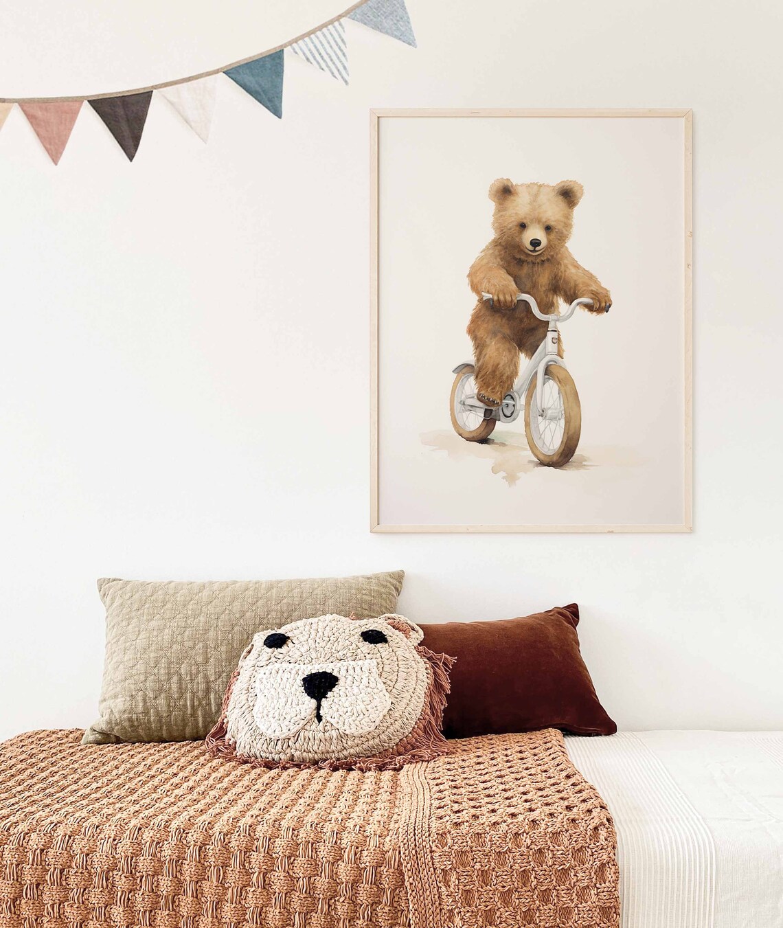 Smiling Watercolor Teddy Bear Riding a Bicycle Nursery Poster - Image 3