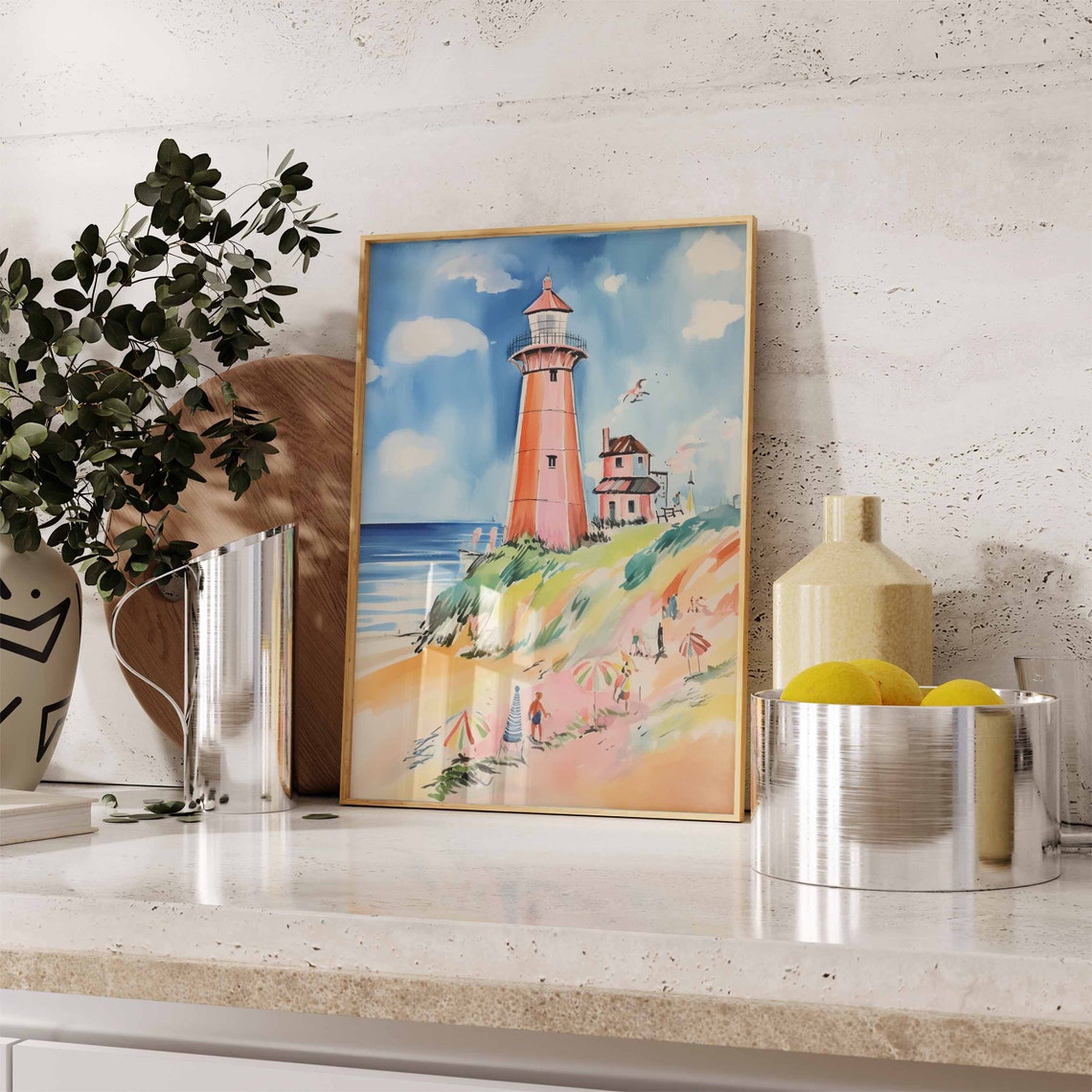 Pink Lighthouse and Keeper Cottage Overlooking a Sunny Beach Poster - Image 2