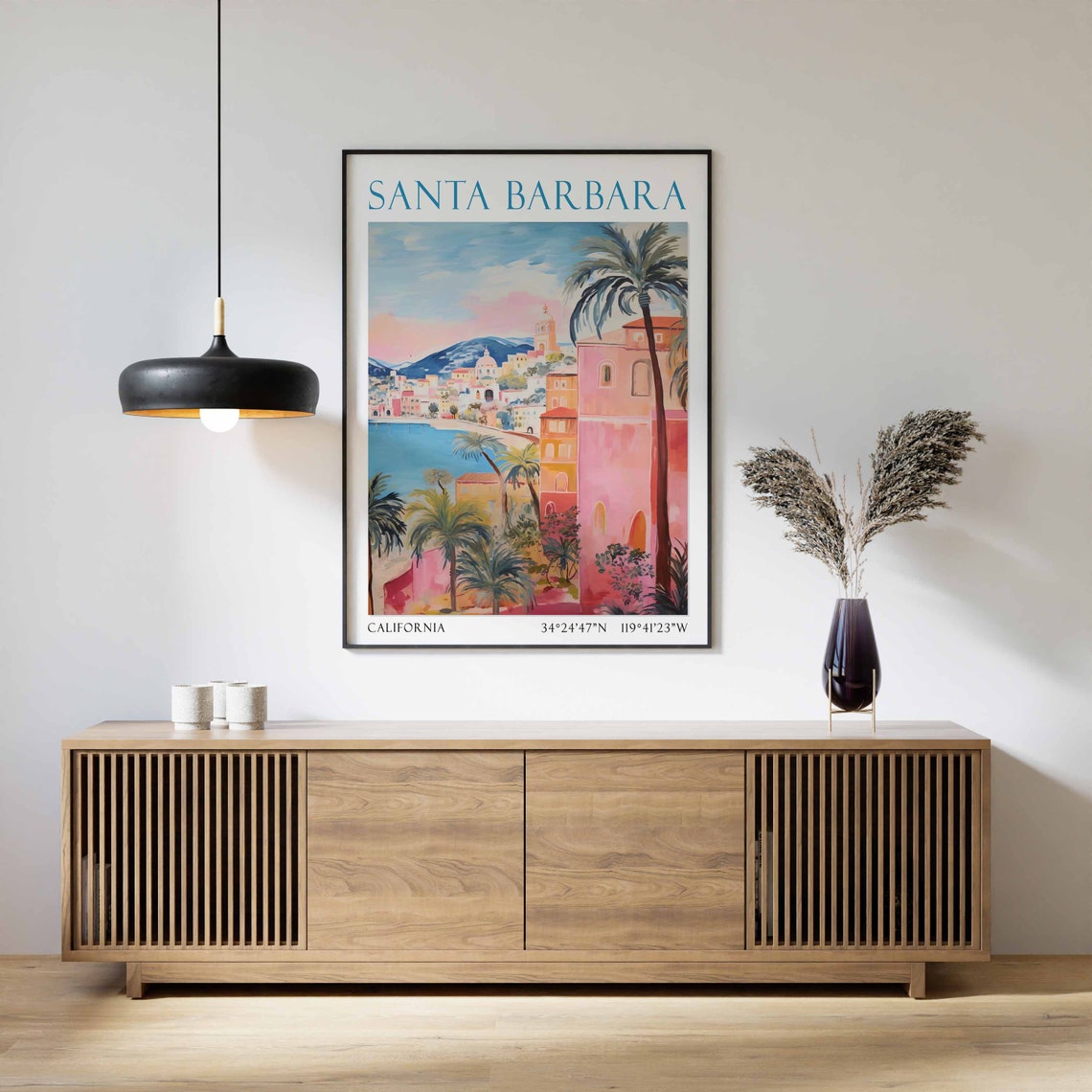 Santa Barbara California Travel Poster Pink Waterfront View Art - Image 2