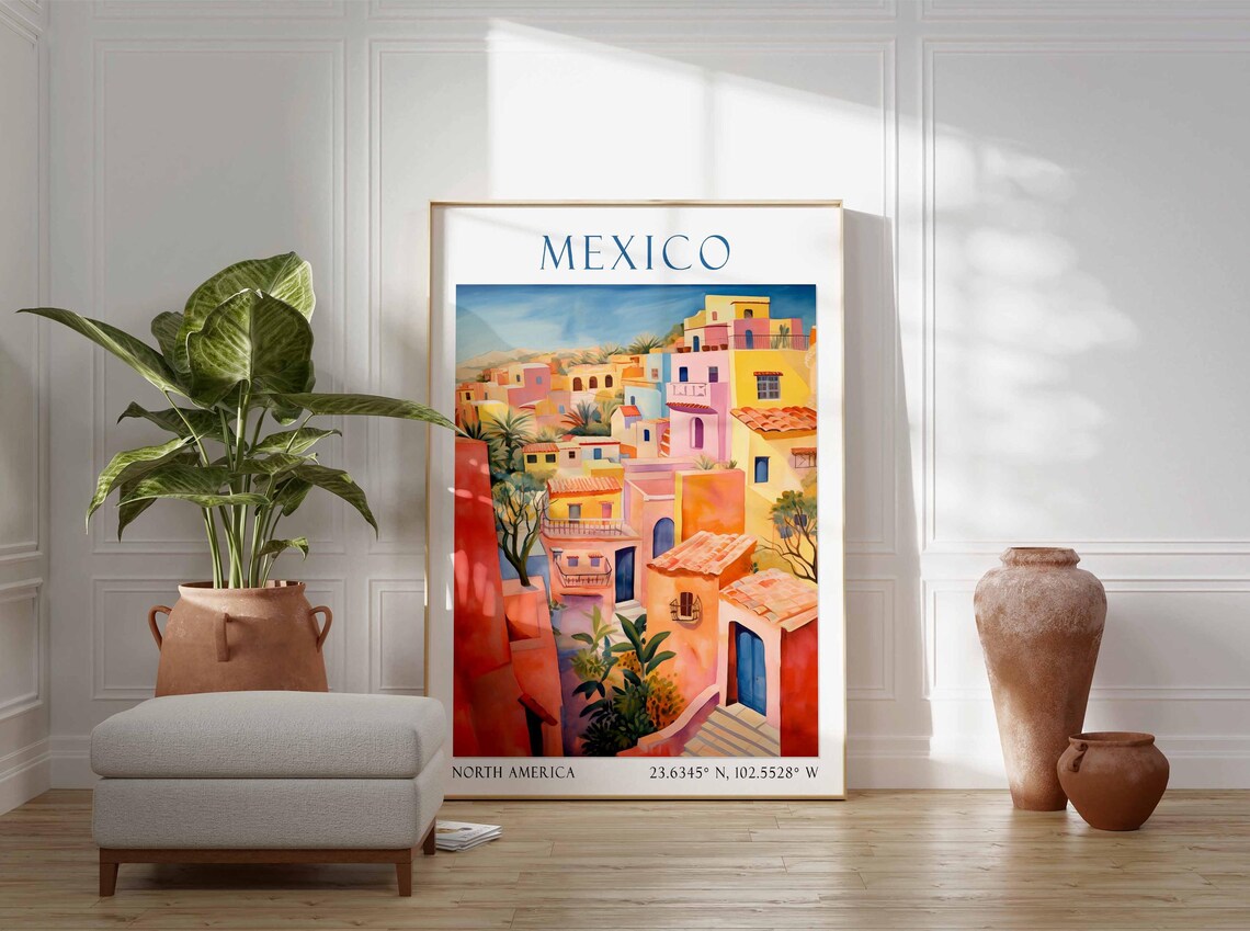 Mexico Colorful Colonial Hillside Village Watercolor Travel Poster - Image 4