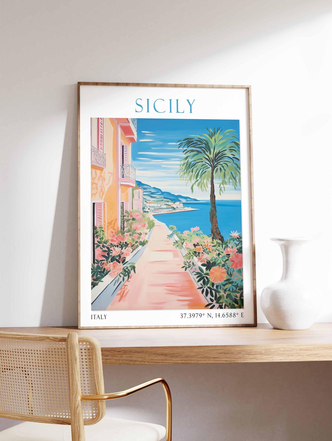 Sicily Seaside Promenade Bougainvillea Watercolor Travel Poster - Image 4