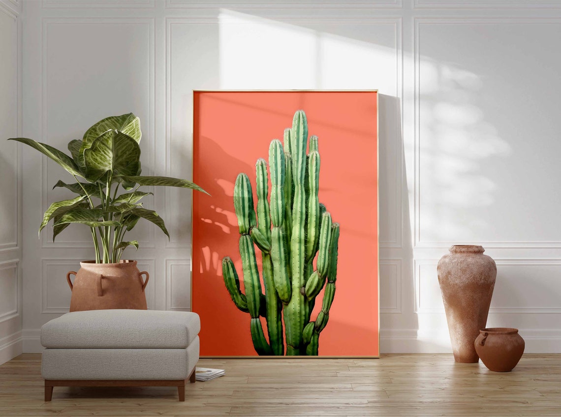 Tall Green Columnar Cacti on a Warm Coral Background Minimalist Poster - Image 3