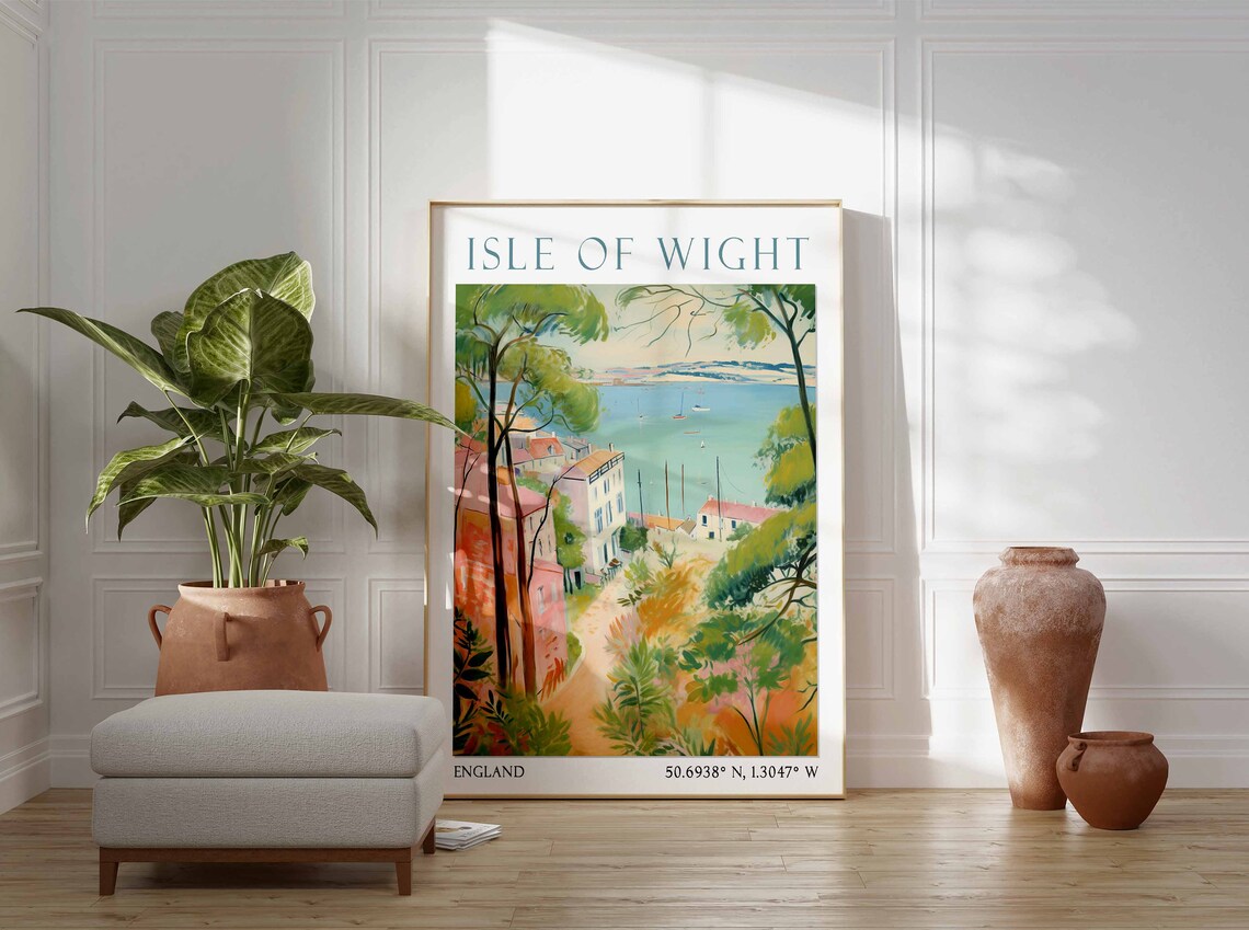 Isle of Wight Coastal Town Harbor Sailboats Watercolor Travel Poster - Image 2