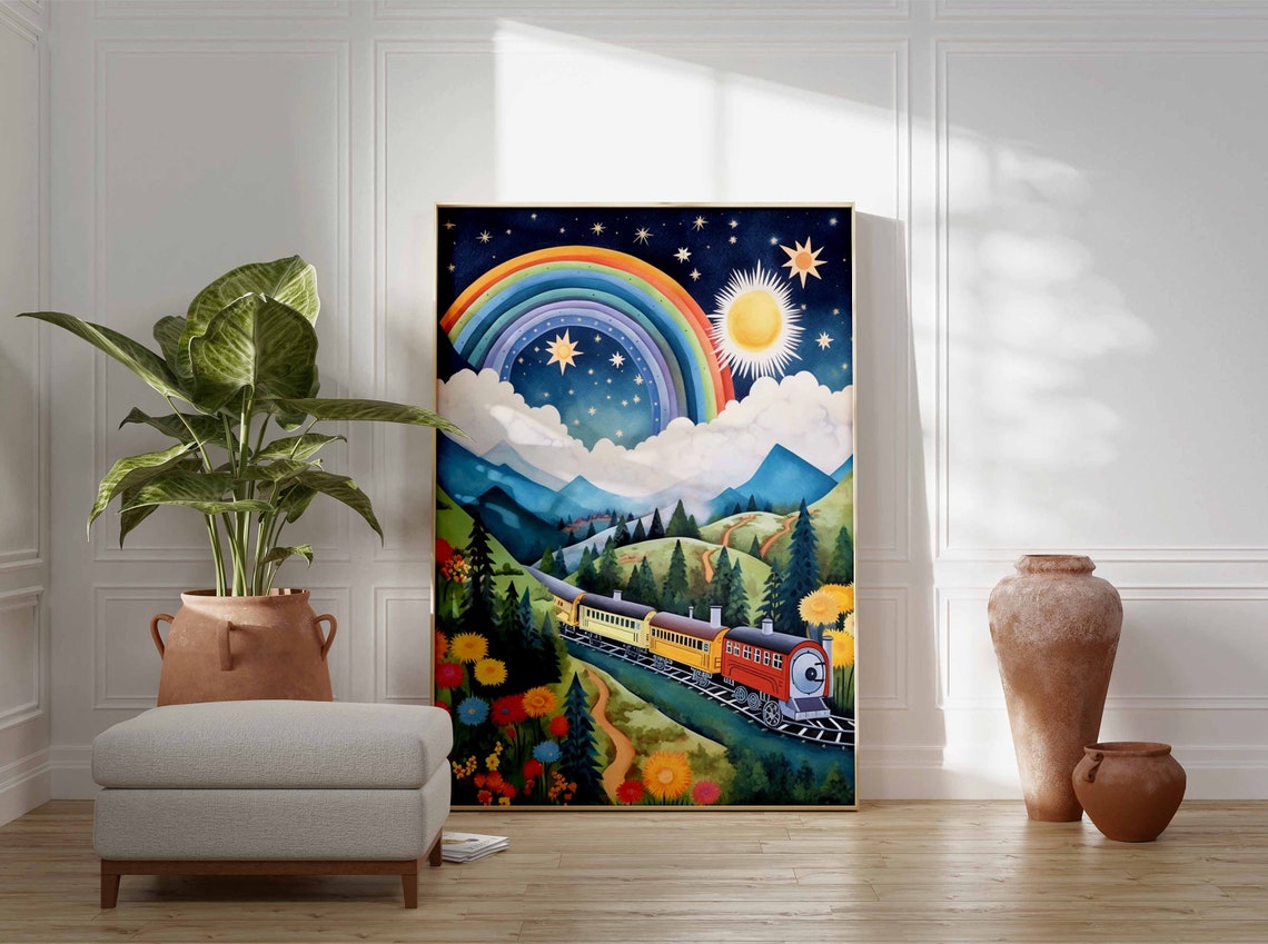 Colorful Steam Train Rainbow Starry Night Wildflowers Poster - Image 3