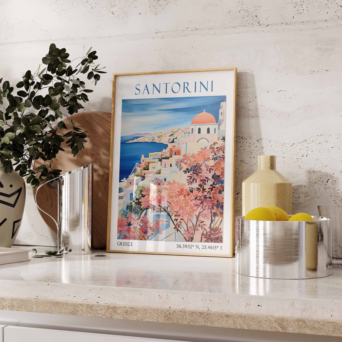 Santorini Cliff Village Red Dome Church Sea Watercolor Travel Poster - Image 3