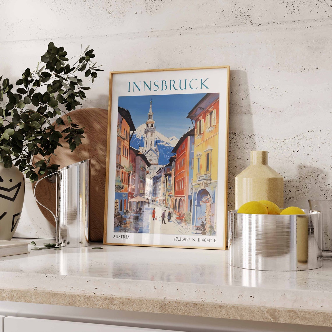Innsbruck Sunny Old Town Street With Mountains Austria Travel Poster - Image 2