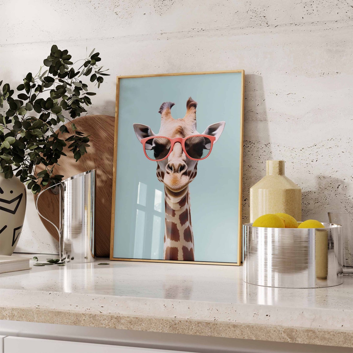 Giraffe Wearing Coral Sunglasses on a Teal Background Poster - Image 2