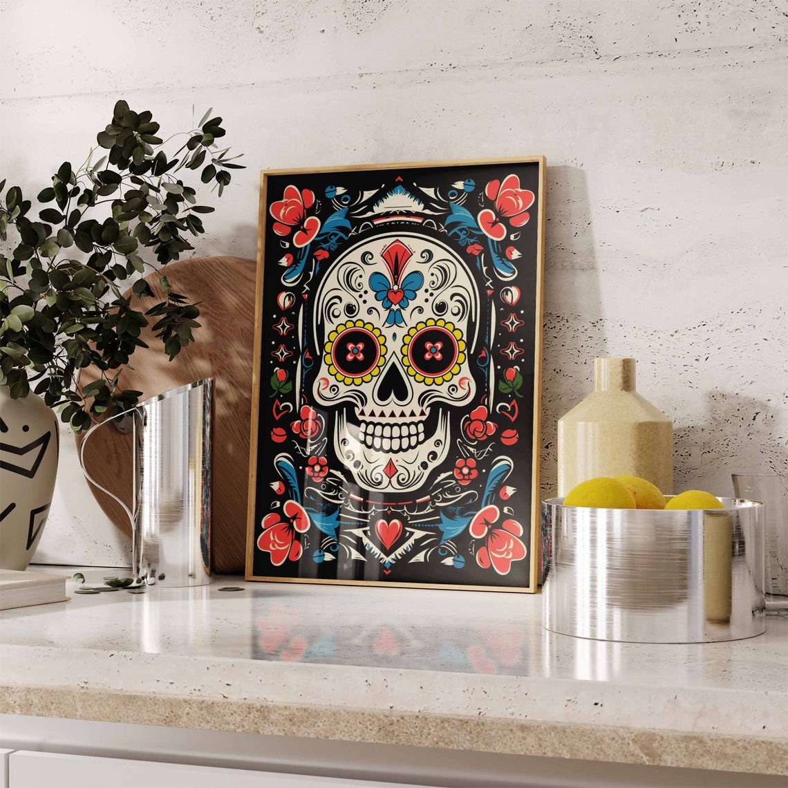 White Sugar Skull Blue Red Accents Black Background Folk Poster - Image 2