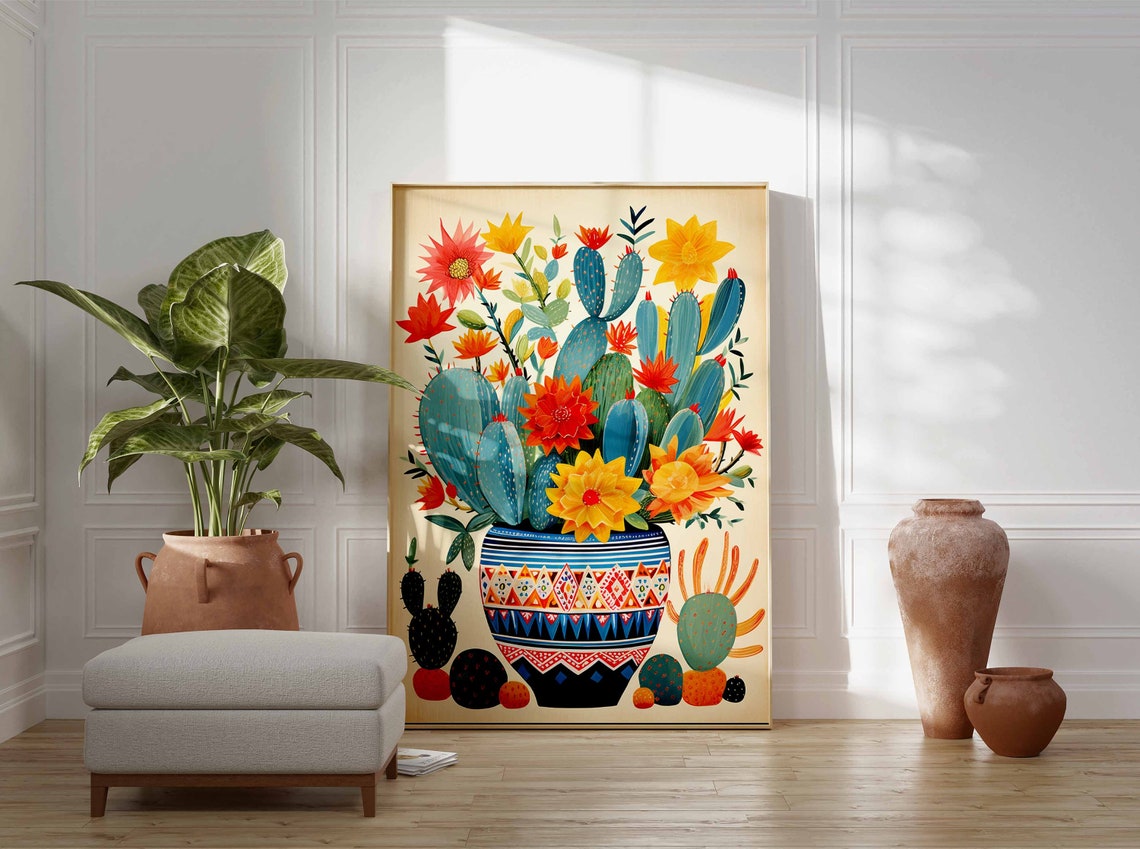 Blue Prickly Pear Cactus Geometric Pot Mexican Botanical Wall Art - Image 3