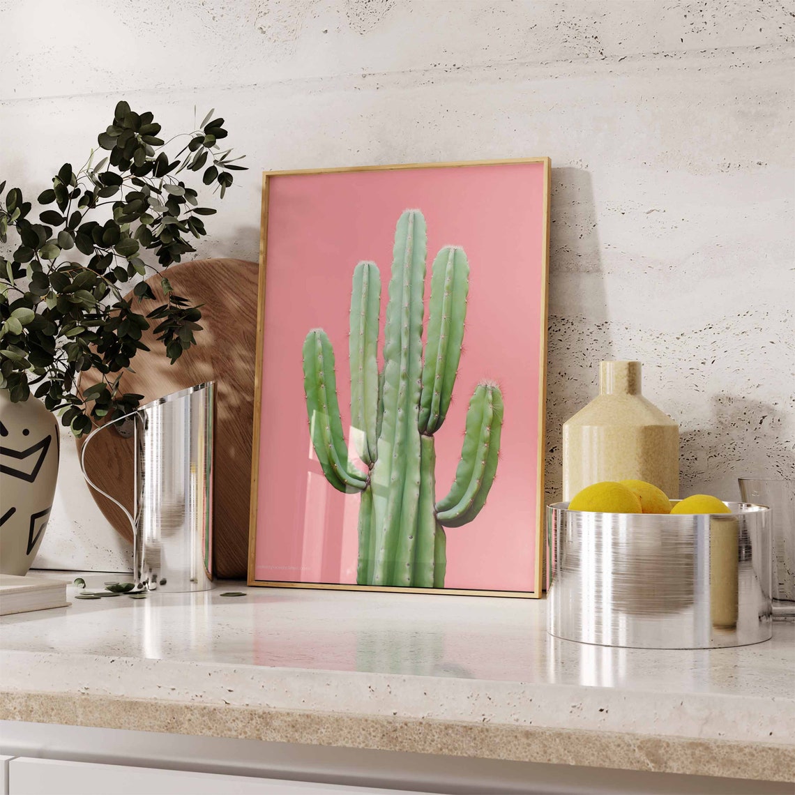 Green Cactus Cluster Set Against a Blush Pink Background Poster - Image 2