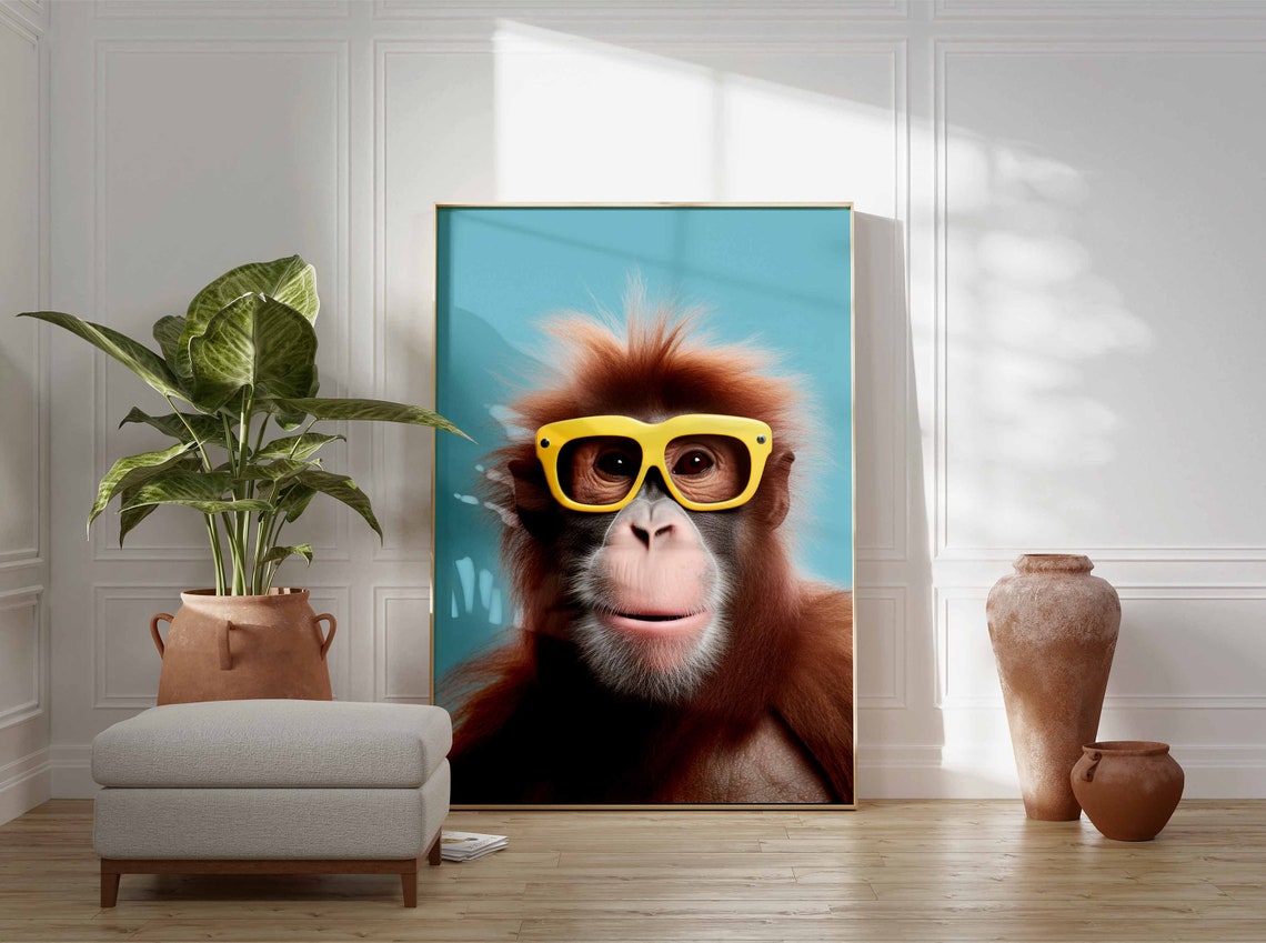 Orangutan Wearing Yellow Glasses on a Teal Background Poster - Image 3