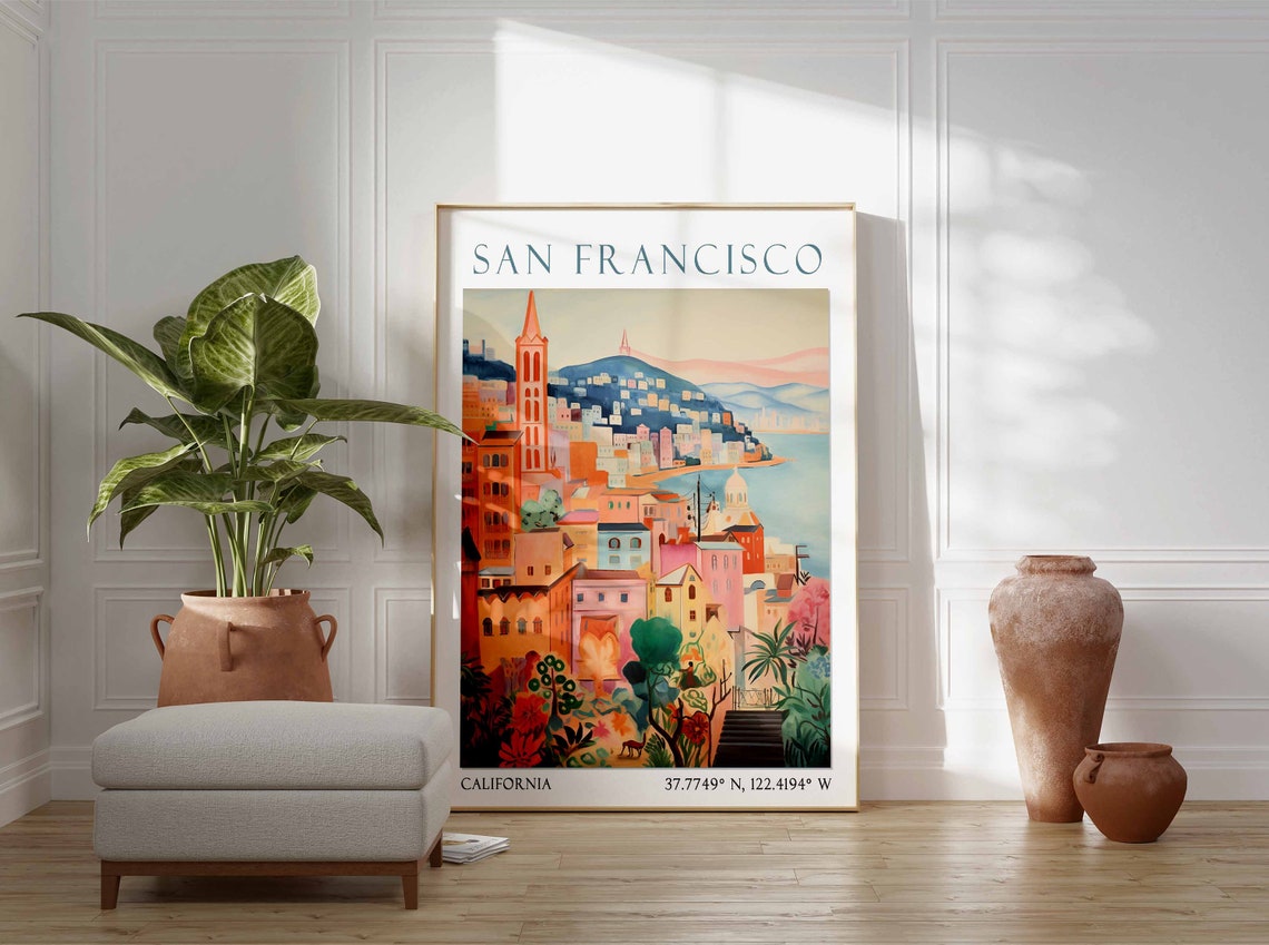 San Francisco Orange Hillside Bay Sunset Watercolor Travel Poster - Image 2