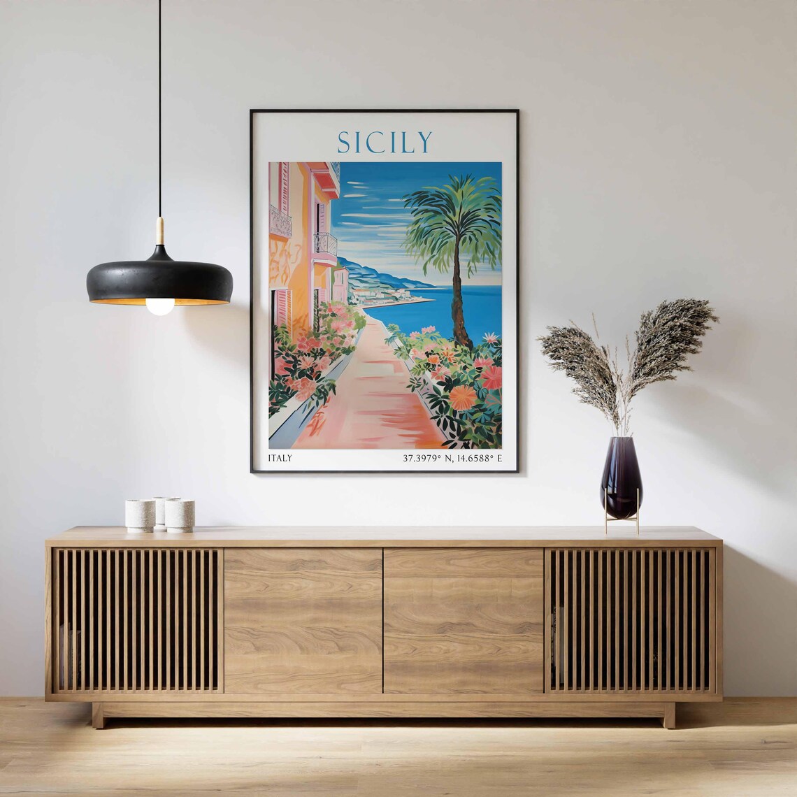 Sicily Seaside Promenade Bougainvillea Watercolor Travel Poster - Image 2