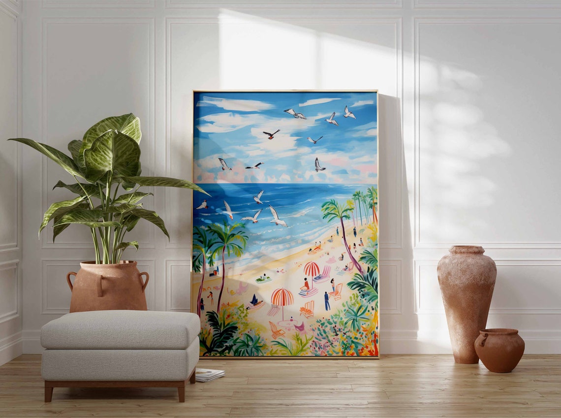 Seagulls Flying Over a Sandy Beach with Striped Umbrellas Poster - Image 3
