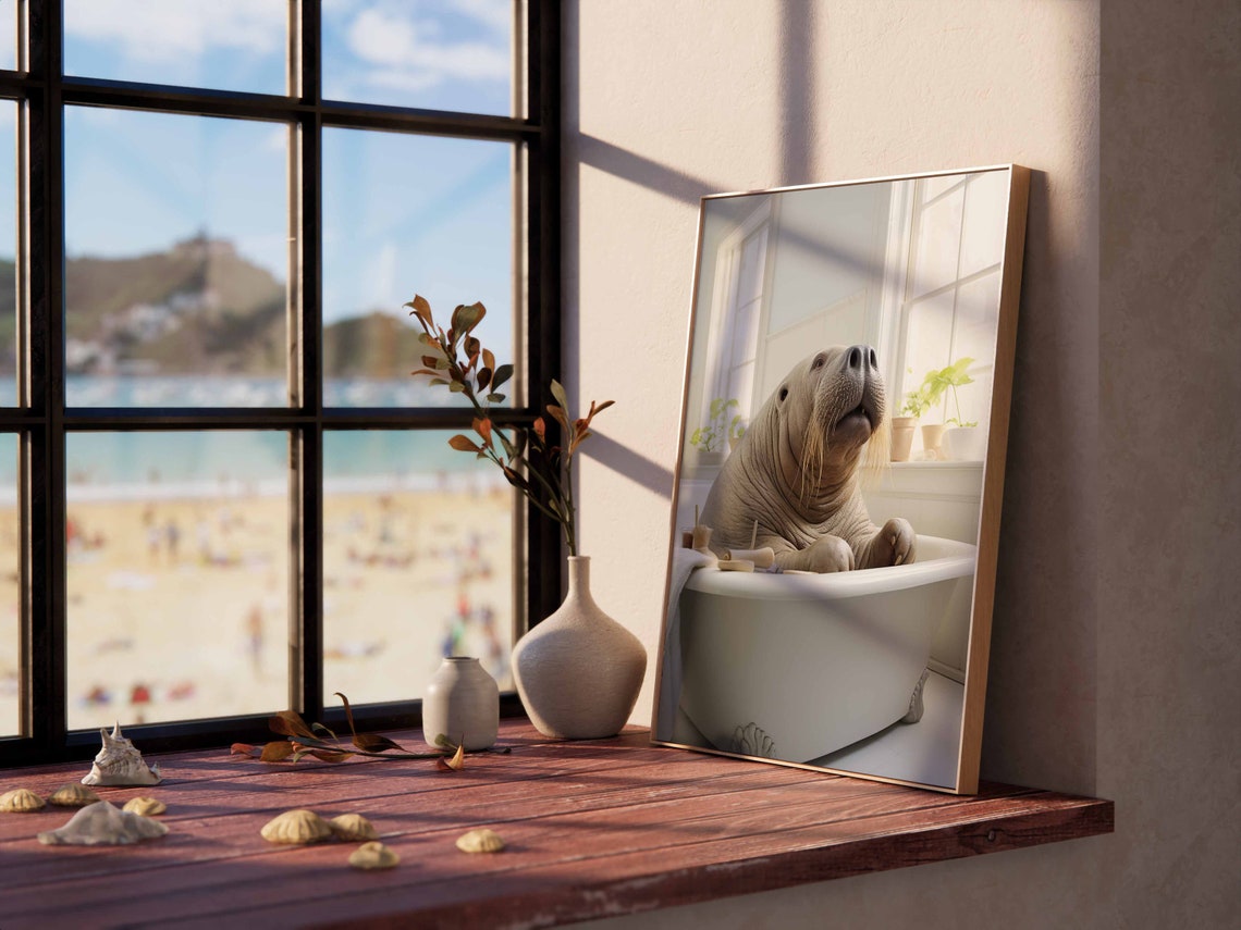 Chubby Walrus Enjoying a Spa Bath in a Tub Funny Bathroom Poster - Image 2