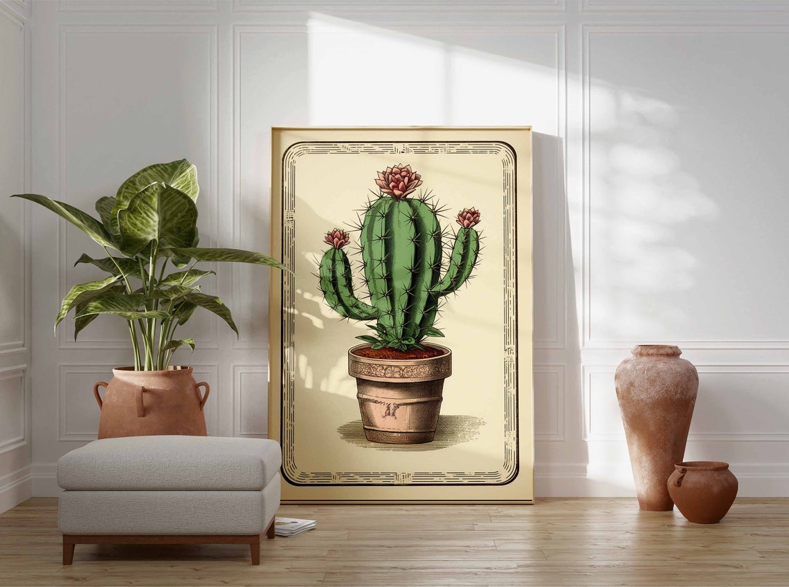 Vintage Botanical Cactus with Pink Blooms in a Terracotta Pot Poster - Image 3