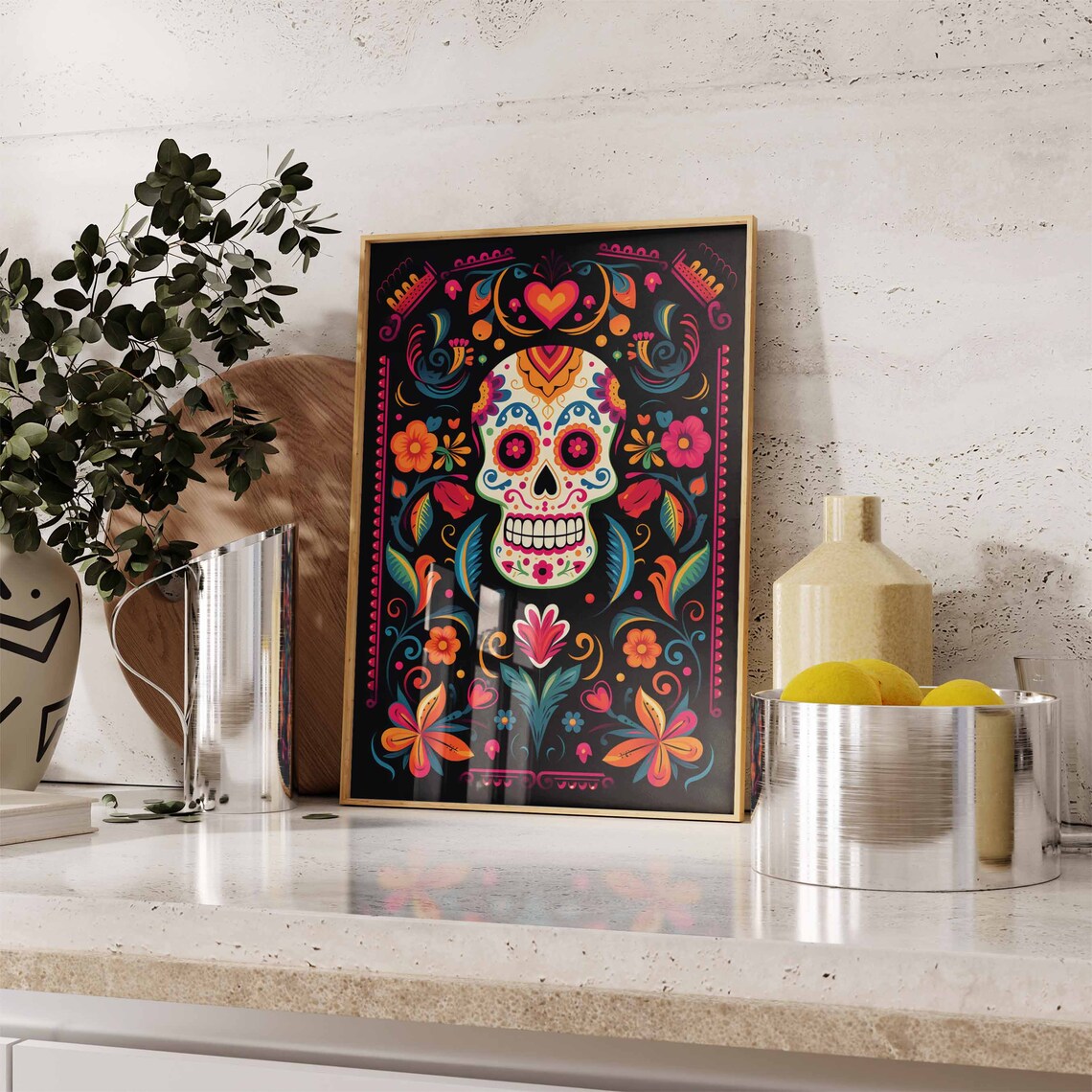 Day of the Dead Sugar Skull Heart Floral Black Fiesta Poster - Image 2