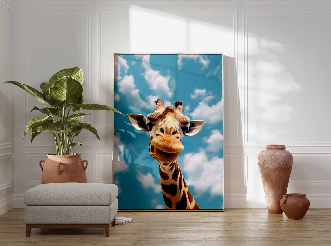 Giraffe Head Against a Bright Blue Sky with White Clouds Poster - Image 3