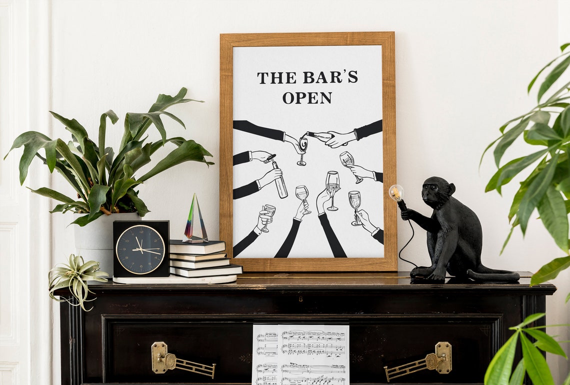 The Bars Open Monochrome Toasting Wine Glasses Bar Cart Poster - Image 4