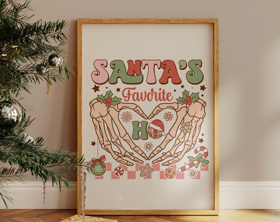 Santa's Favorite Ho Retro 70s Christmas Skeleton Heart Print