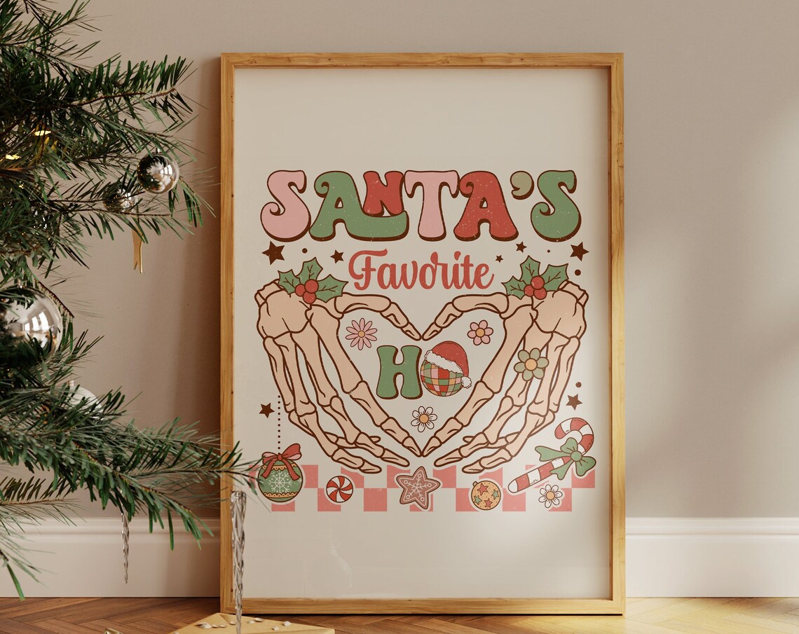 Santa's Favorite Ho Retro 70s Christmas Skeleton Heart Print