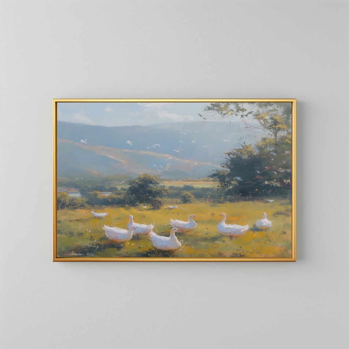 White Geese Sunny Meadow Vintage Farmhouse Animal Painting Wall Poster - Image 2