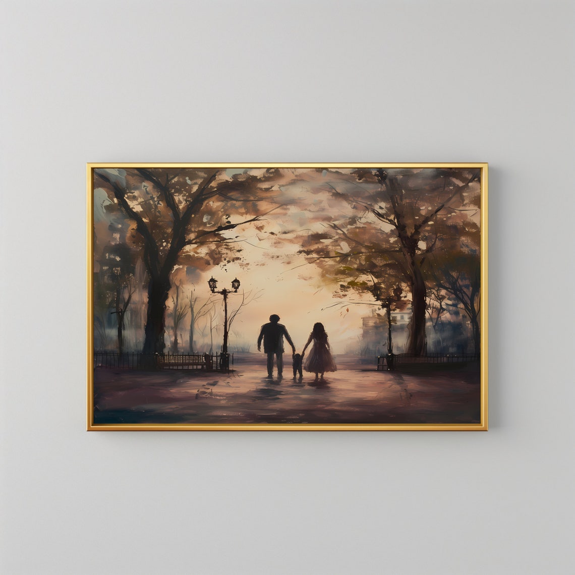 Family Silhouette Sunset Park Vintage Romantic Painting Wall Poster - Image 2