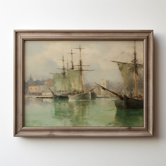 Tall Sailing Ships In Old Harbor Vintage Maritime Nautical Painting Print