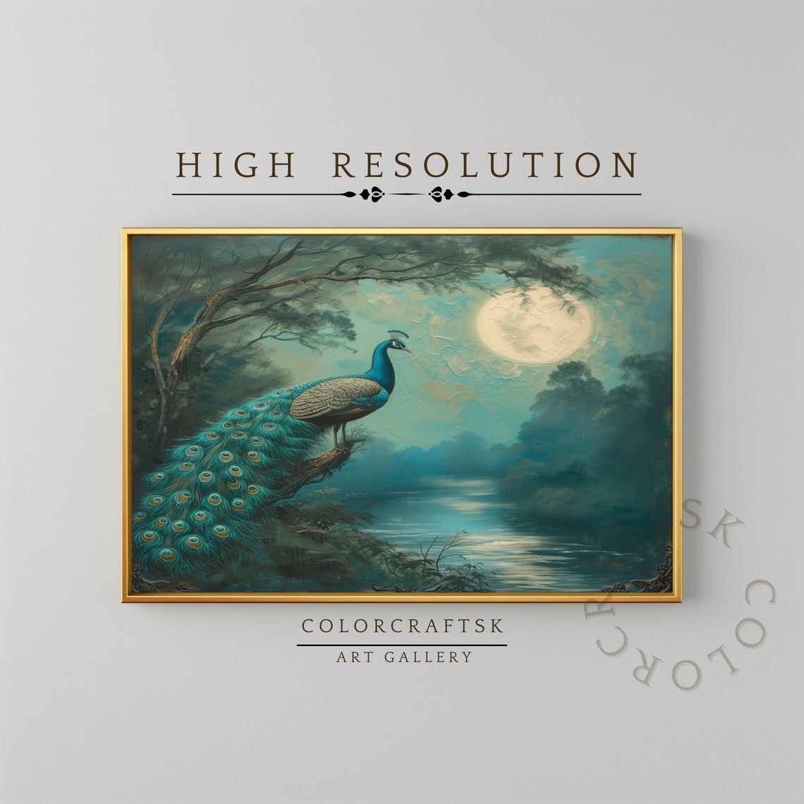 Peacock Moonlit River Vintage Night Painting Elegant Bird Wall Poster