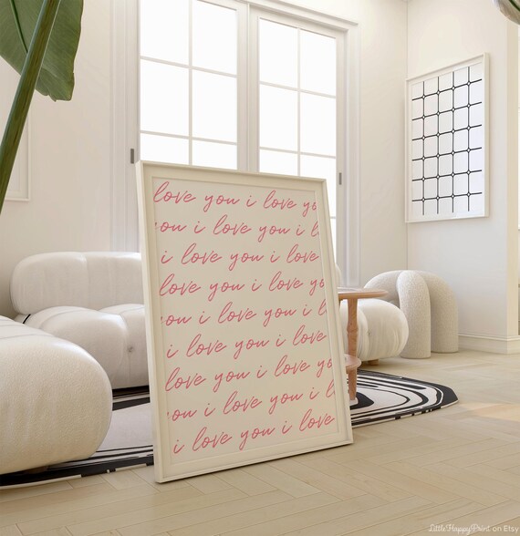 I Love You Repeat Print Pink White Cursive Script Minimalist Cute Preppy Calligraphy Handwritten Typography Poster Instant Download
