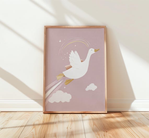 Silly Goose With Jetpack Whimsical Wall Art Nursery Decor Fun Flying Bird Pink Sky Kids Room Playful Animal Print 78