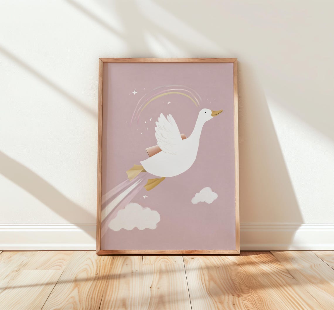 Goose Jetpack Flying Whimsical Nursery Pink Sky Adventure Art Poster
