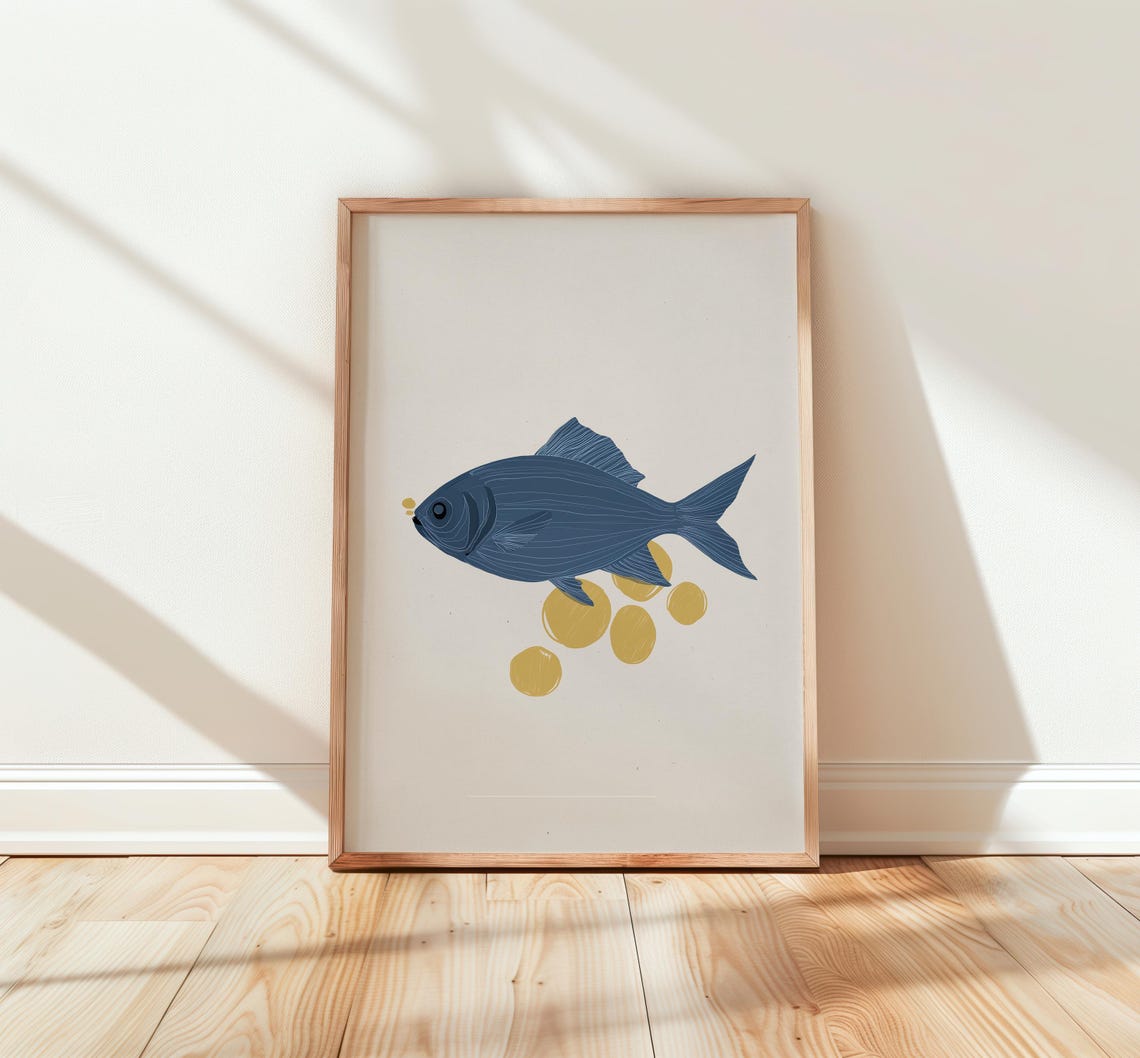 Minimalist Navy Fish with Golden Bubbles Scandi Nursery Art Print
