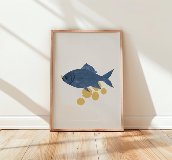 Minimalist Navy Fish with Golden Bubbles Scandi Nursery Art Print