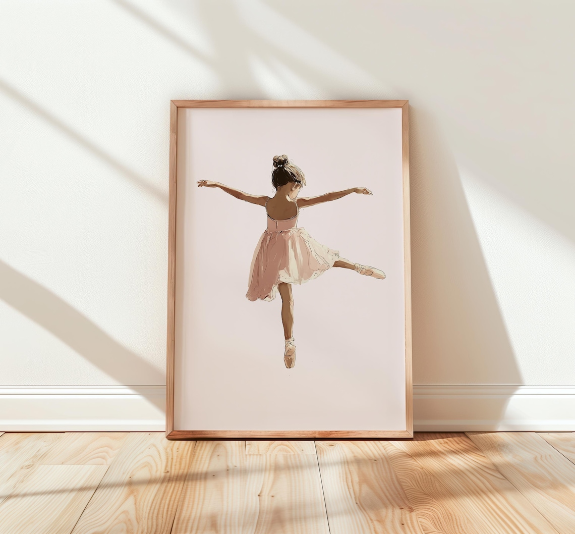 Arabesque Ballerina Girl Pink Tutu Leap Watercolor Nursery Poster
