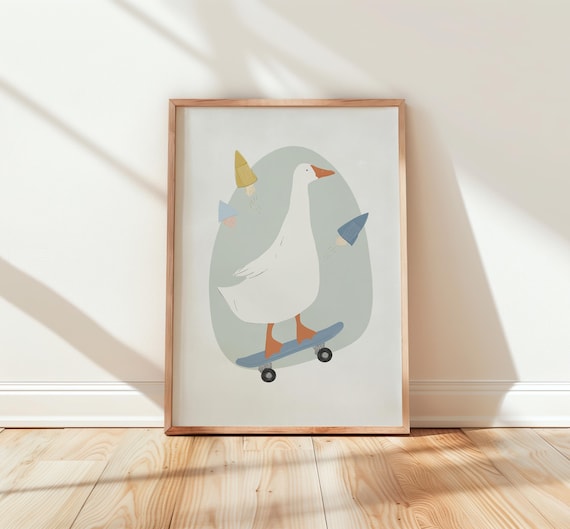 Playful White Goose Riding Skateboard Pastel Nursery Art Poster